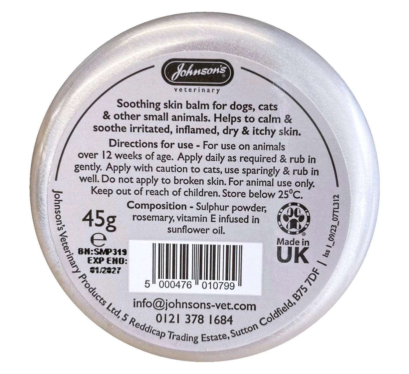 Johnson's Soothing Skin Balm For Dogs, Cats & Small Animals 45g