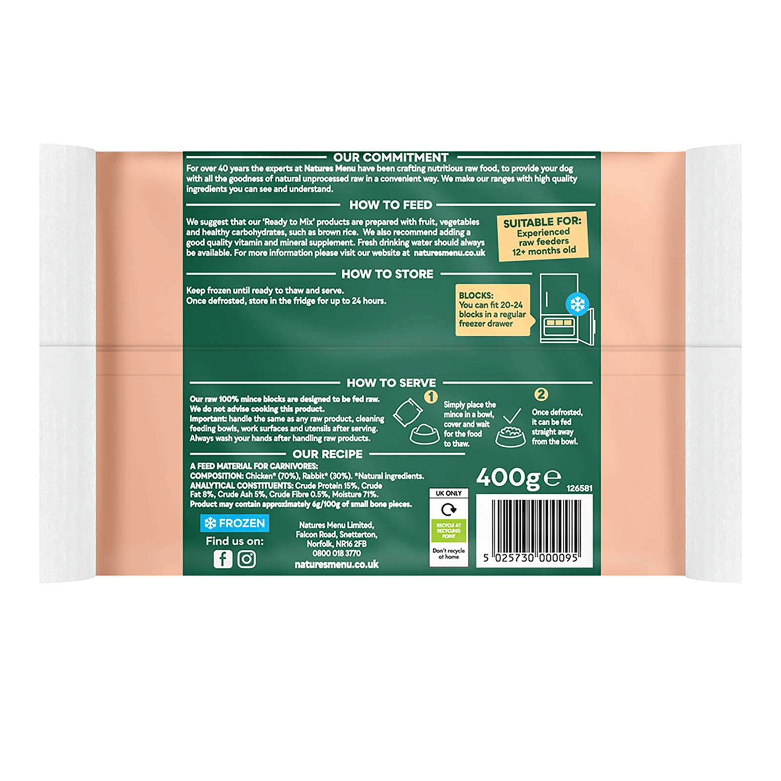 Natures Menu Raw Rabbit & Chicken Block 400g