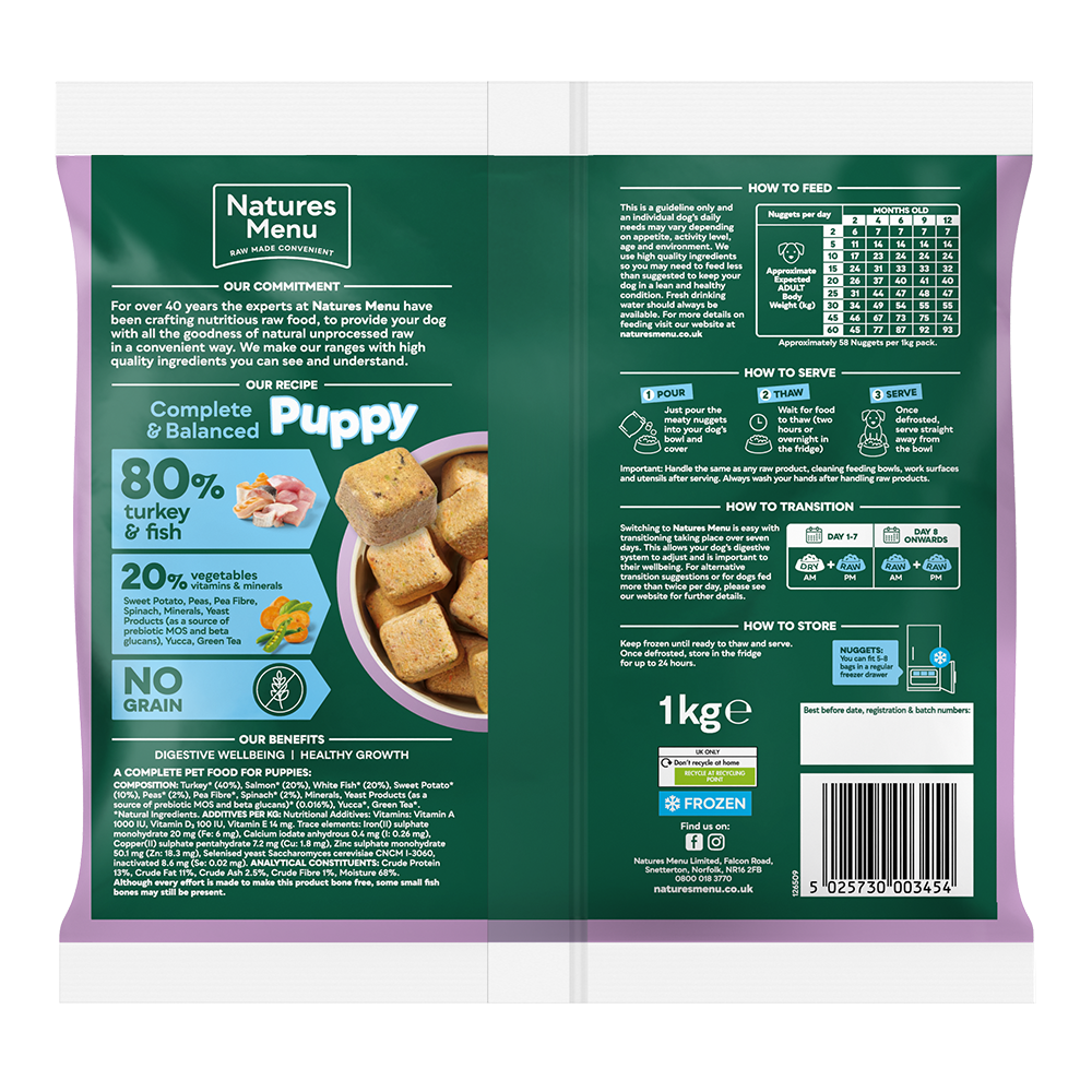 Natures Menu Raw Meal Nuggets 80/20 Puppy Turkey and Fish 1kg