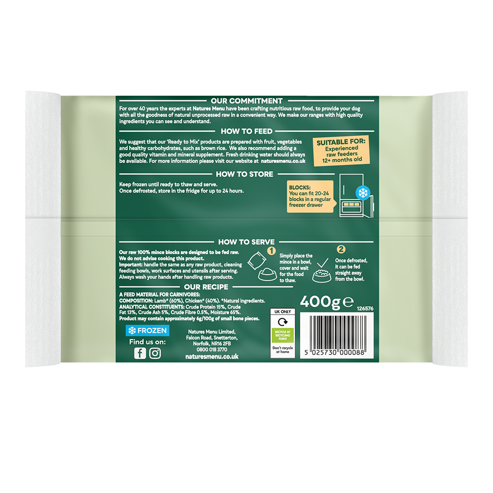 Natures Menu Raw Lamb & Chicken Block 400g