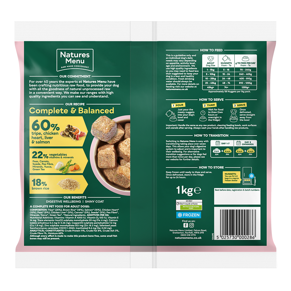 Natures Menu Raw Meal Nuggets 60/40 Tripe, Chicken Heart, Liver, Salmon, Veg & Brown Rice 1kg