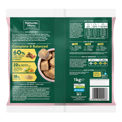 Natures Menu Raw Meal Nuggets 60/40 Tripe, Chicken Heart, Liver, Salmon, Veg & Brown Rice 1kg