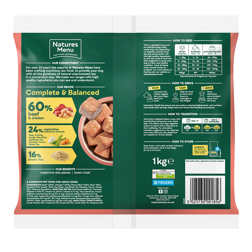 Natures Menu Raw Meal Nuggets 60/40 Beef, Chicken, Veg & Brown Rice 1kg