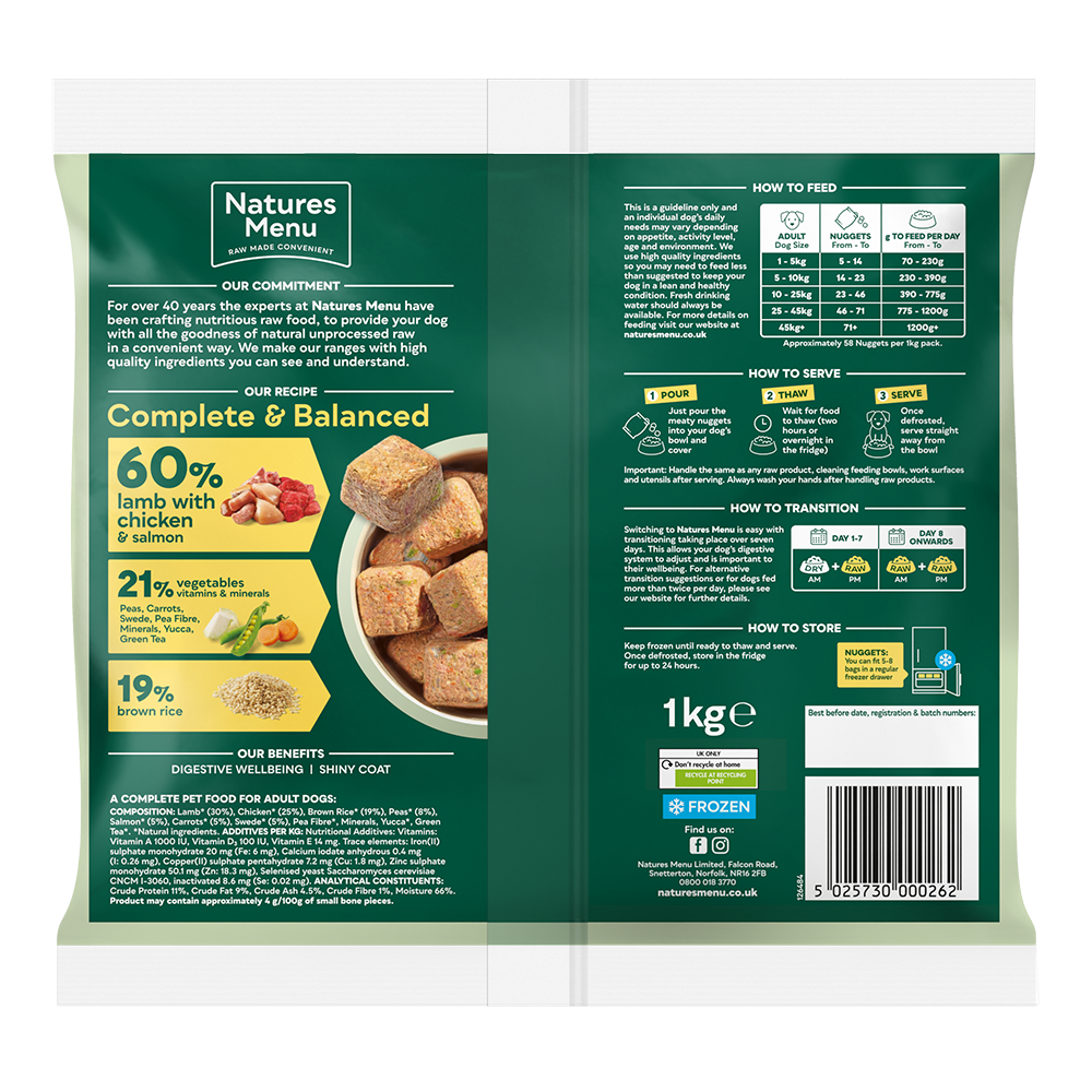 Natures Menu Raw Meal Nuggets 60/40 Lamb, Chicken, Salmon, Veg & Brown Rice 1kg