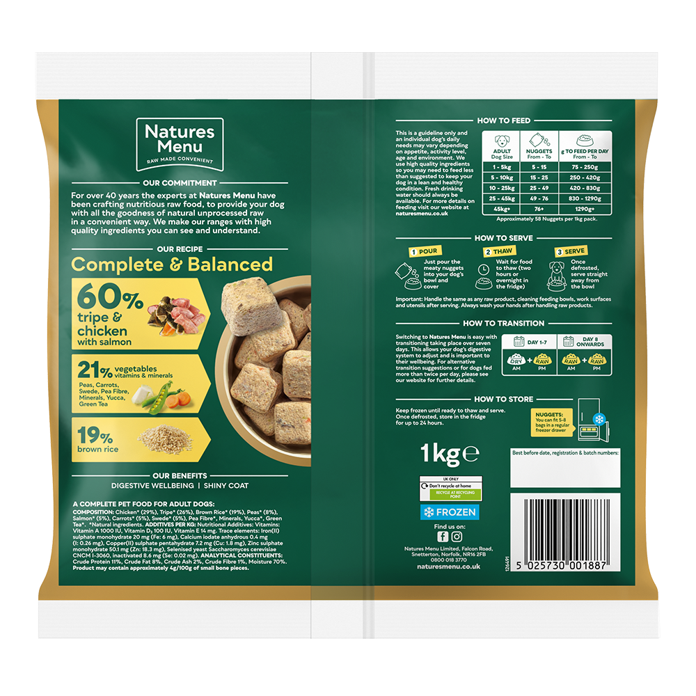 Natures Menu Raw Meal Nuggets 60/40 Tripe, Chicken, Salmon, Veg & Brown Rice 1kg