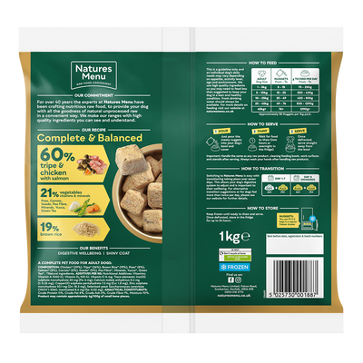 Natures Menu Raw Meal Nuggets 60/40 Tripe, Chicken, Salmon, Veg & Brown Rice 1kg