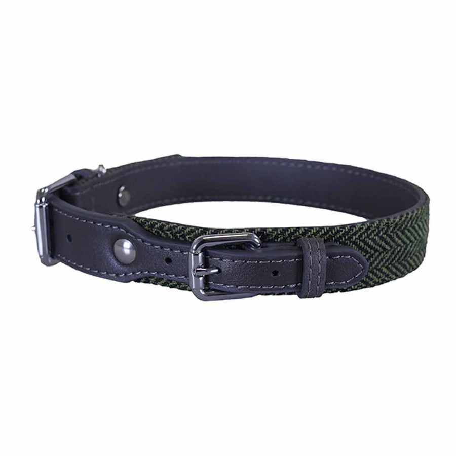 Luxury Leather Collar Forest Herringbone/Grey 20 - 24 "