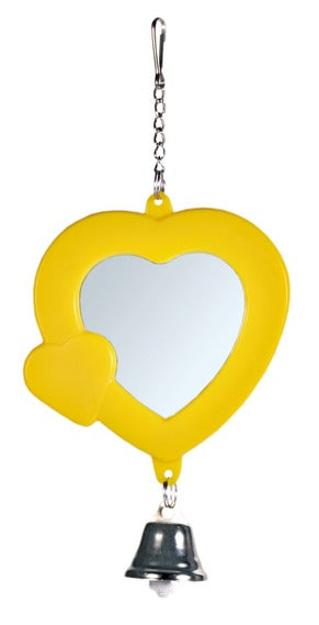 Heart shaped mirror with bell, 7 cm, Pet Bird, With Plastic Frame